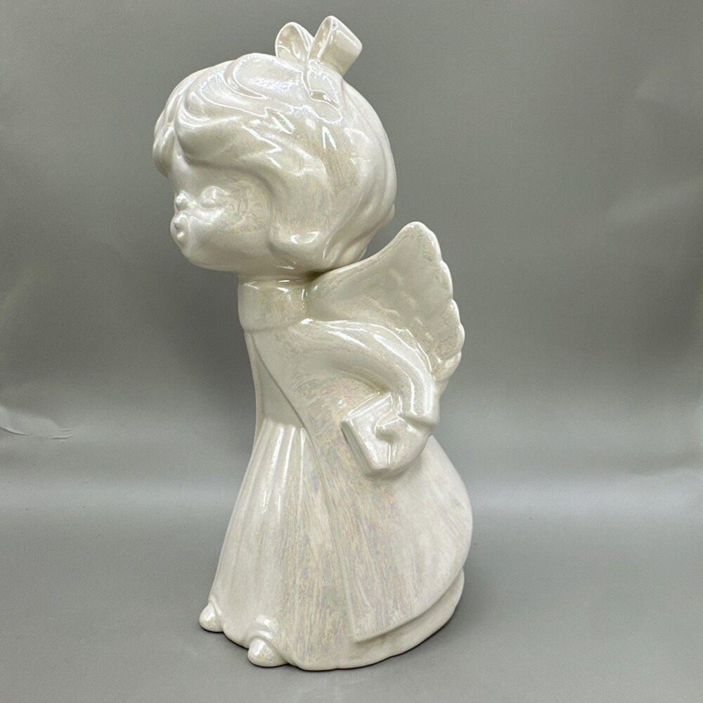 Vintage White Ceramic Kissing Angel Girl Figurine Glazed 8 in Collectible Decor